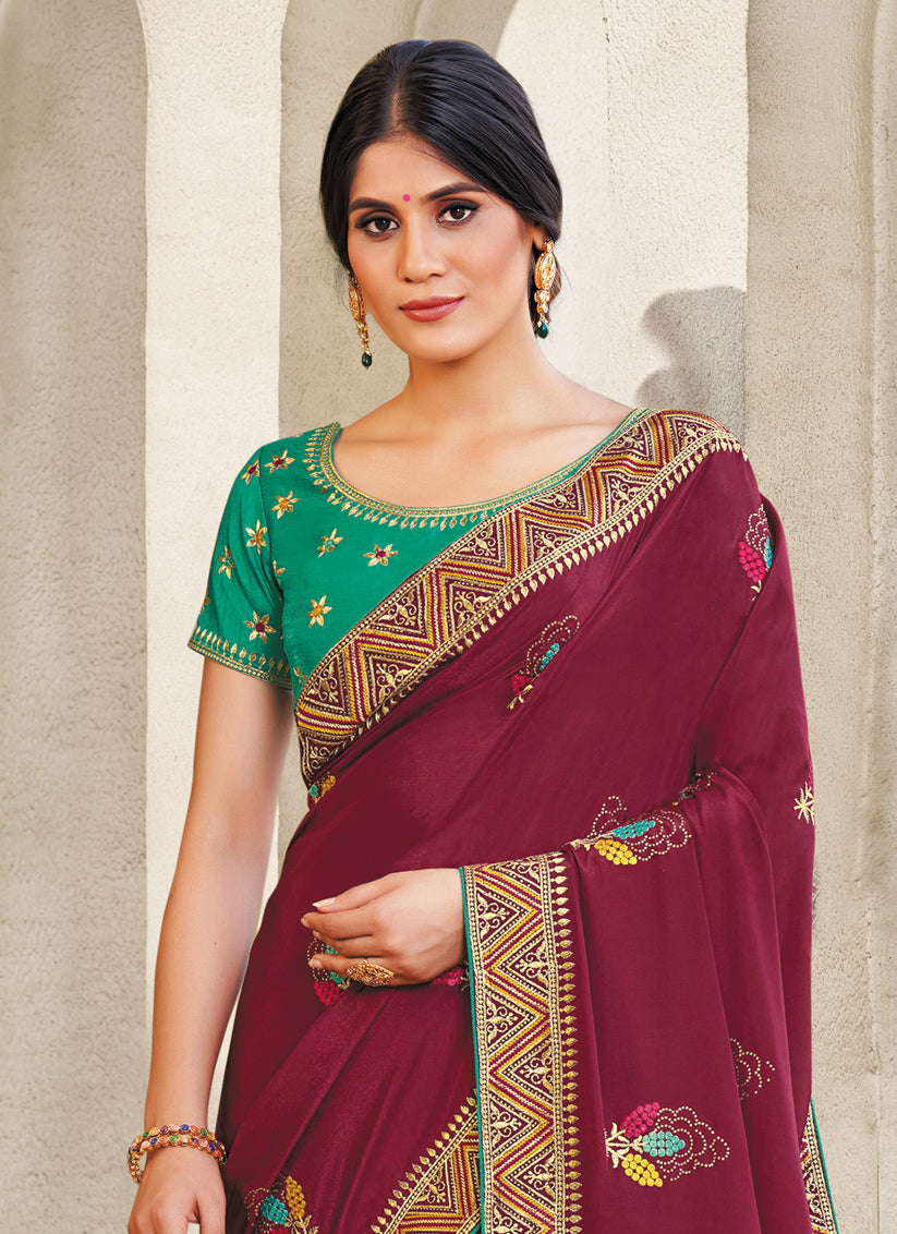 Maroon Silk Georgette Saree with Embroidered Blouse