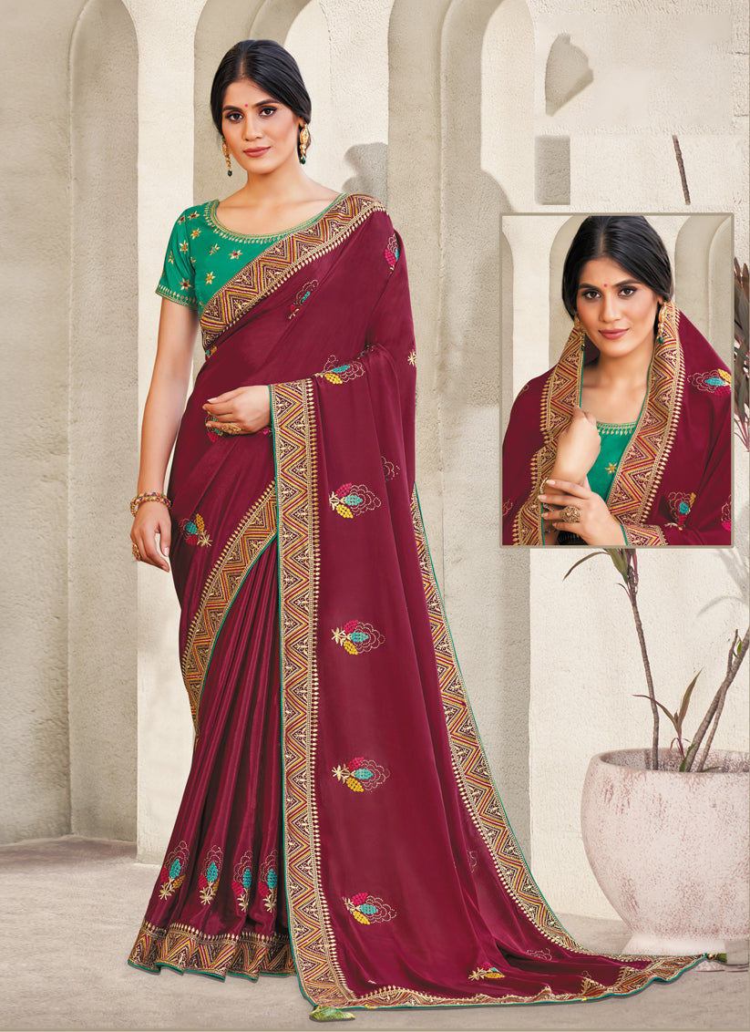 Maroon Silk Georgette Saree with Embroidered Blouse