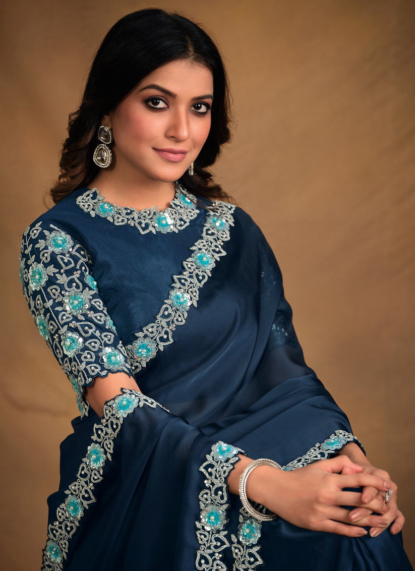 Midnight Blue Designer Saree with Embroidered Blouse