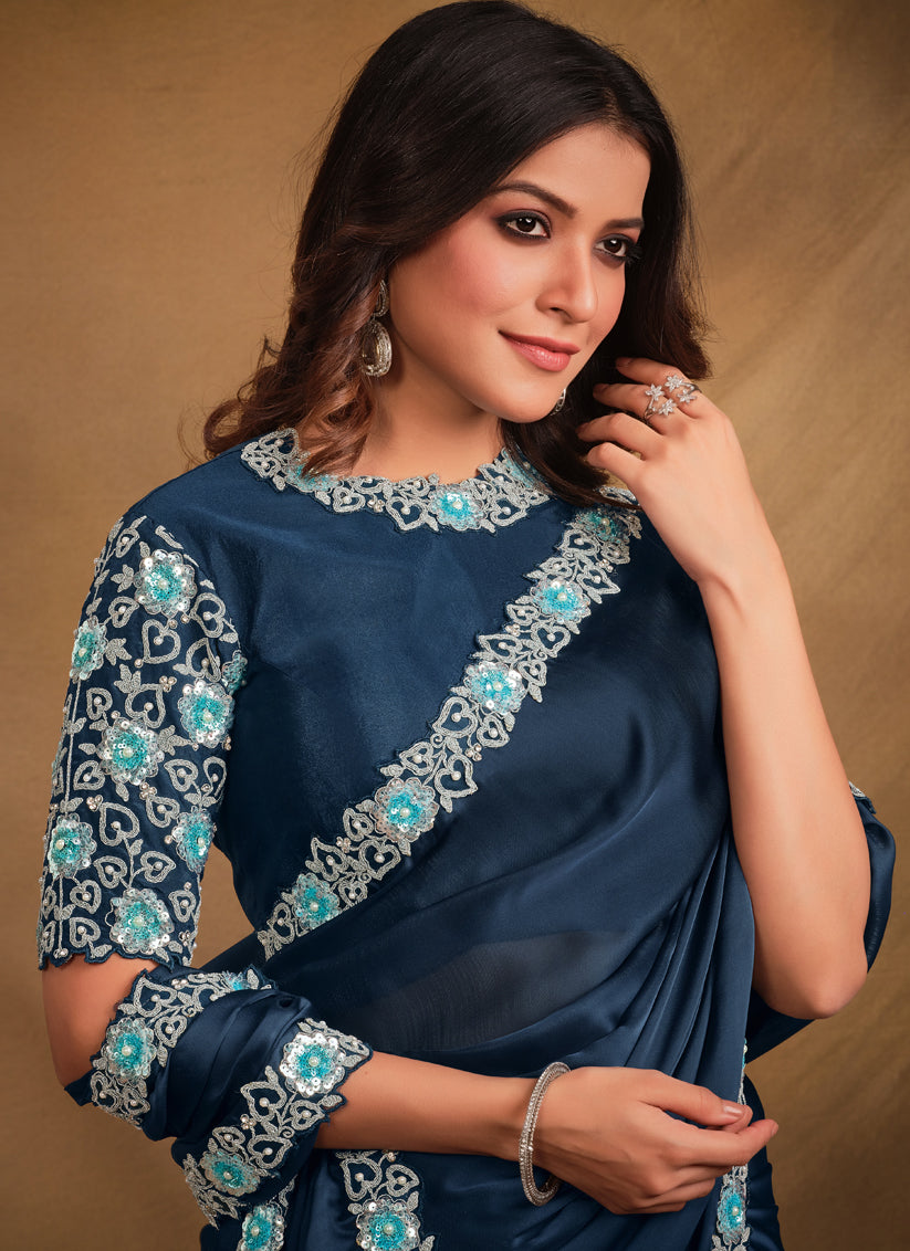 Midnight Blue Designer Saree with Embroidered Blouse