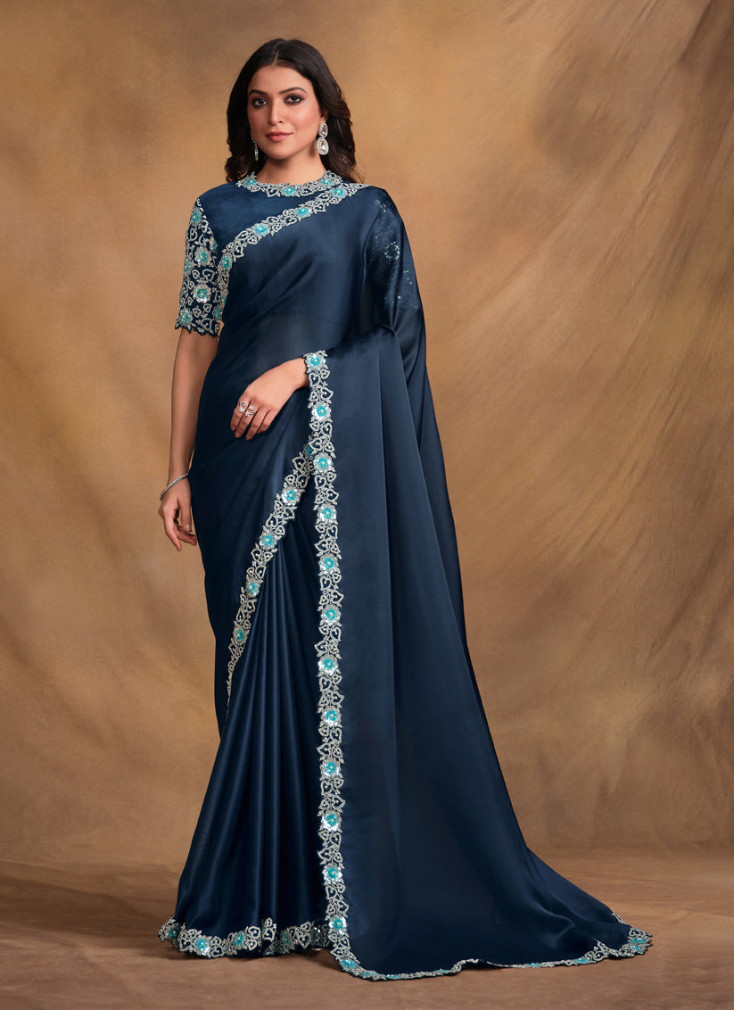 Midnight Blue Designer Saree with Embroidered Blouse