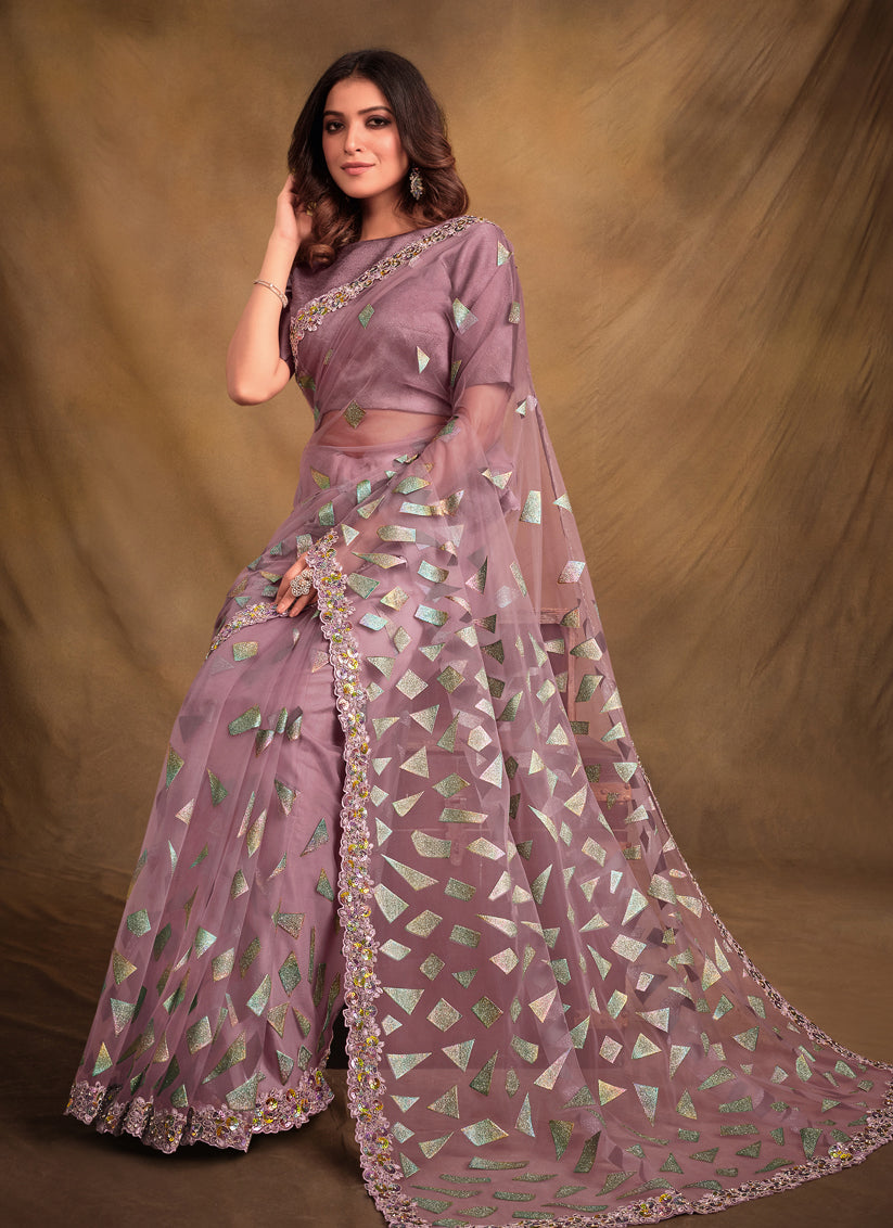 Old Rose Velvet Textured Net Designer Saree