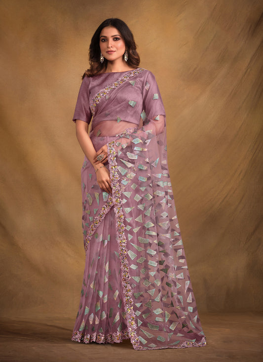 Old Rose Velvet Textured Net Designer Saree