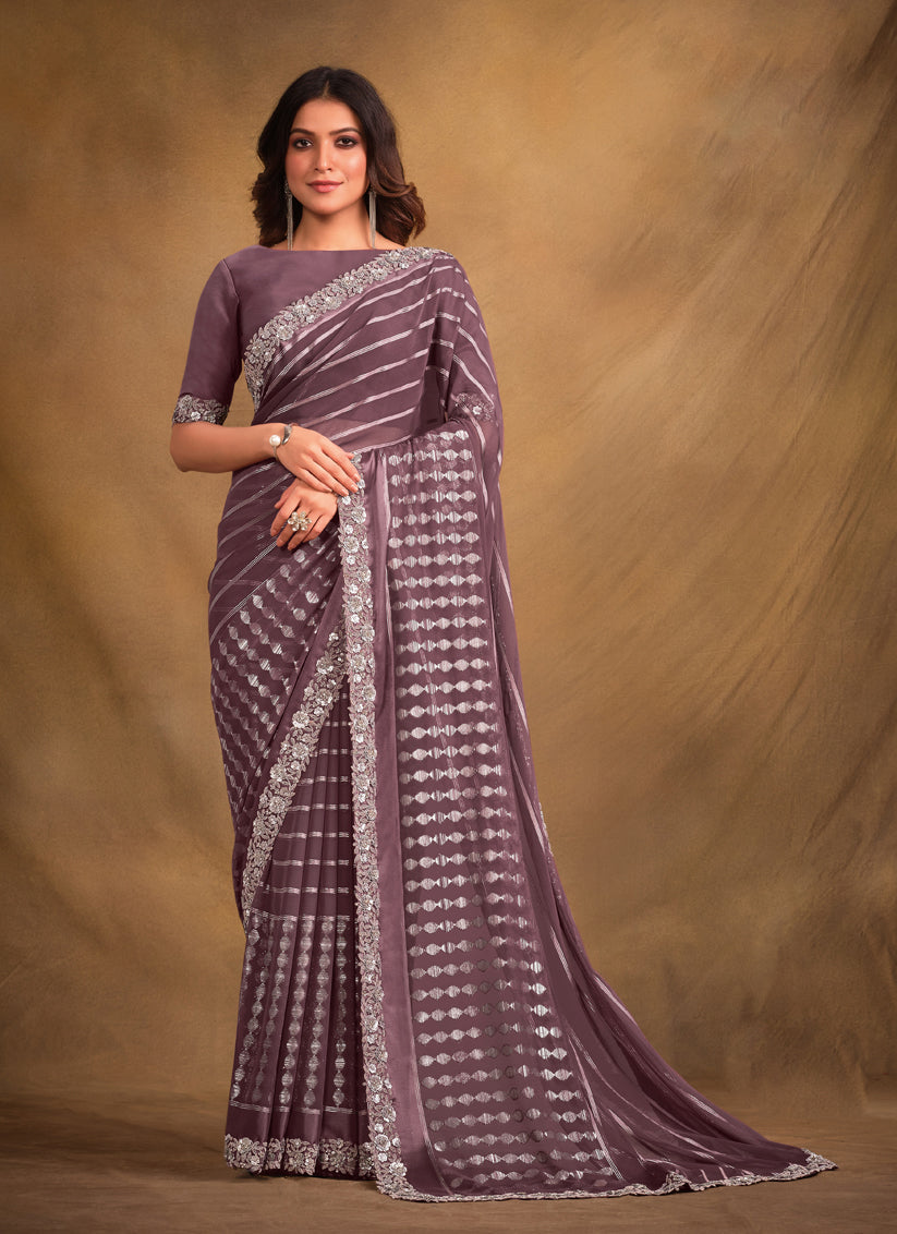 Dusty Mauve Georgette Kasab Designer Saree