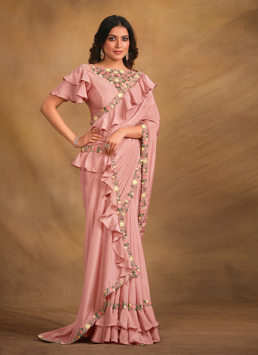 Coral Pink Designer Saree with Embroidered Blouse