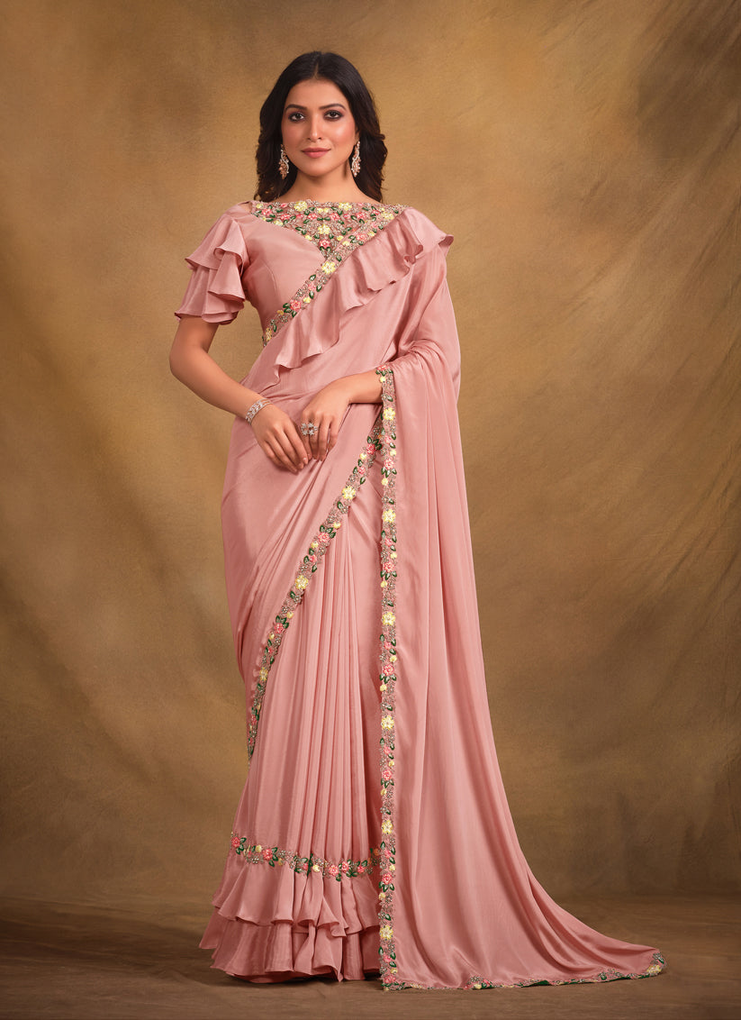 Coral Pink Designer Saree with Embroidered Blouse