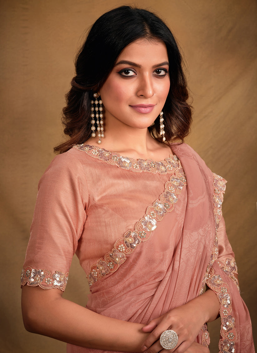 Peach Designer Saree with Embroidered Blouse