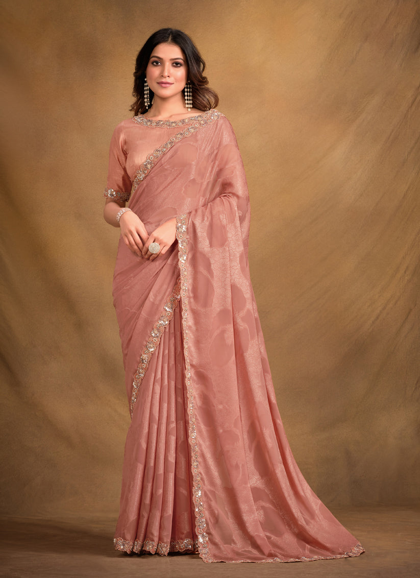 Peach Designer Saree with Embroidered Blouse