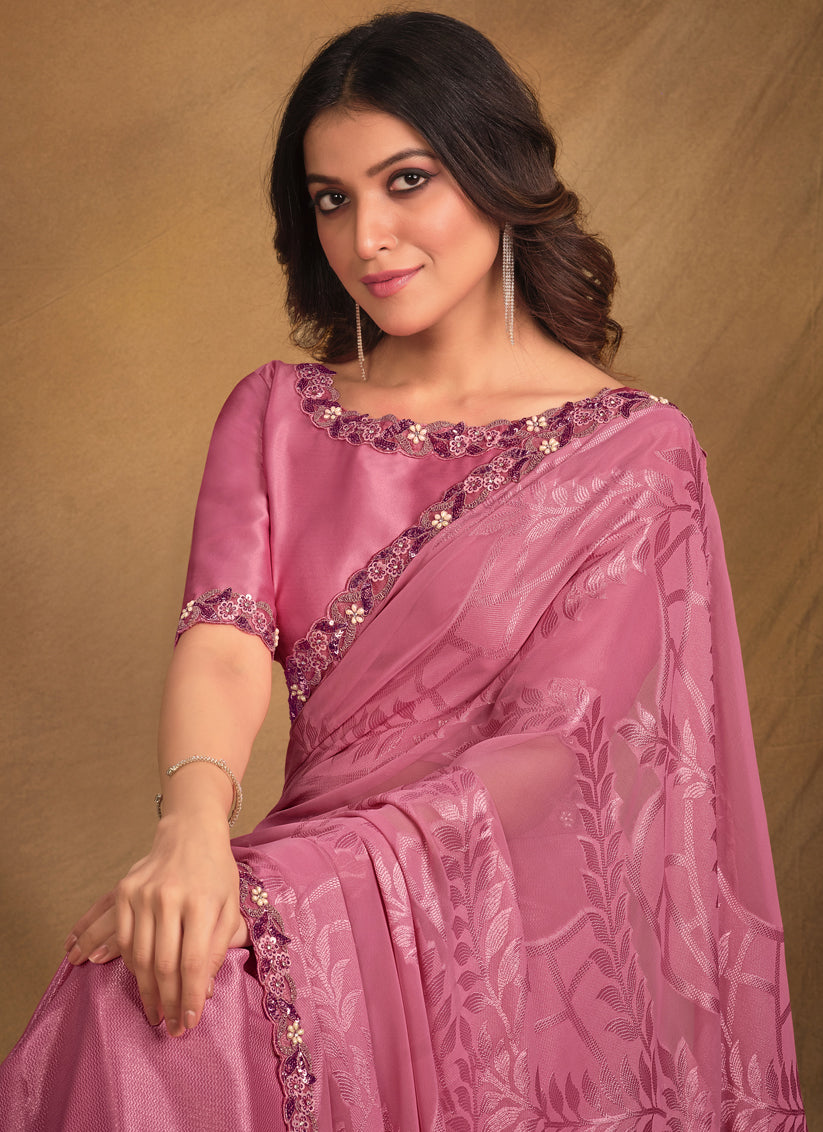 Puce Pink Designer Saree with Embroidered Blouse