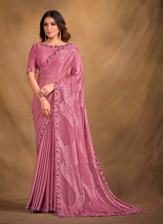 Puce Pink Designer Saree with Embroidered Blouse