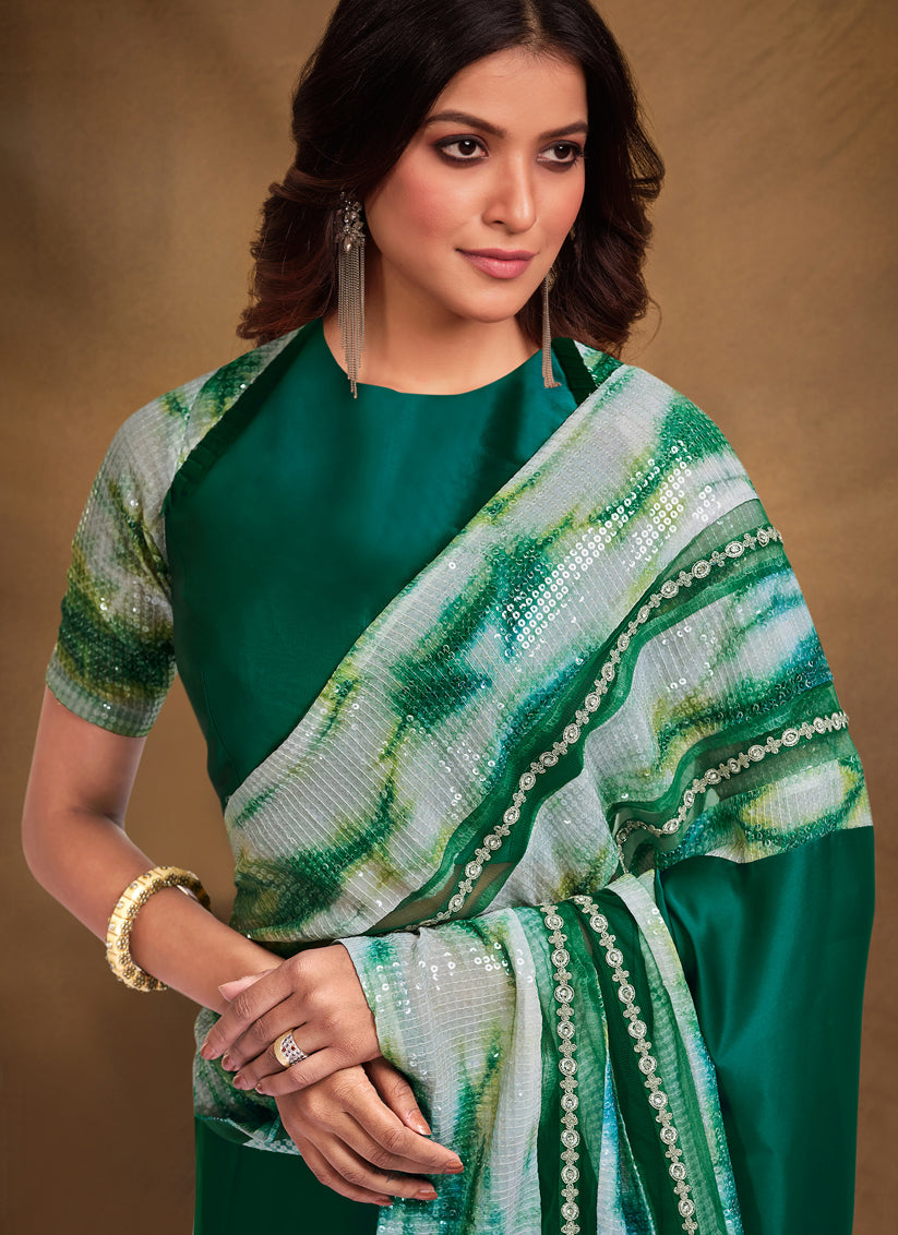 Green Satin Crepe Designer Saree