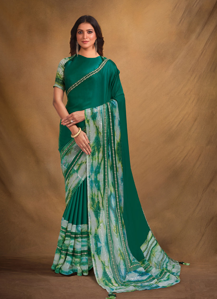 Green Satin Crepe Designer Saree