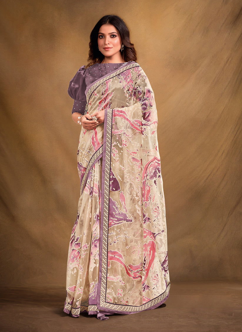 Cream Organza Designer Saree