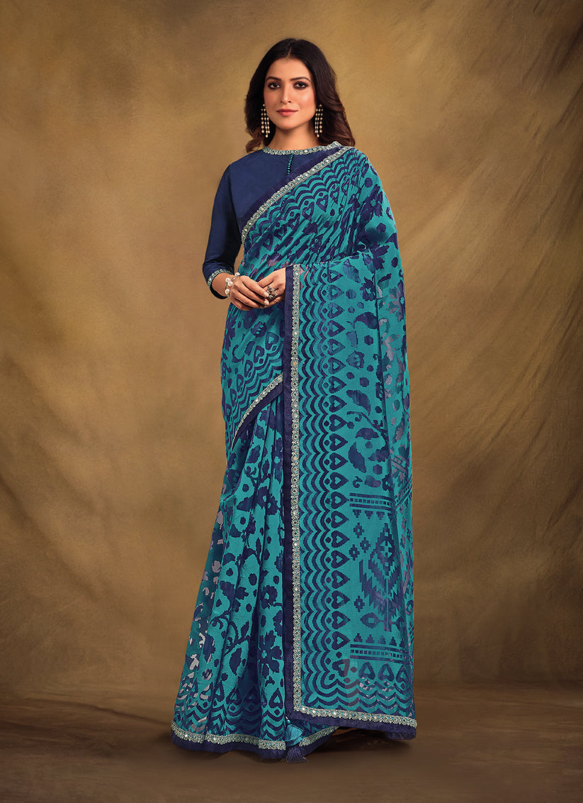 Navy Blue Organza Designer Saree