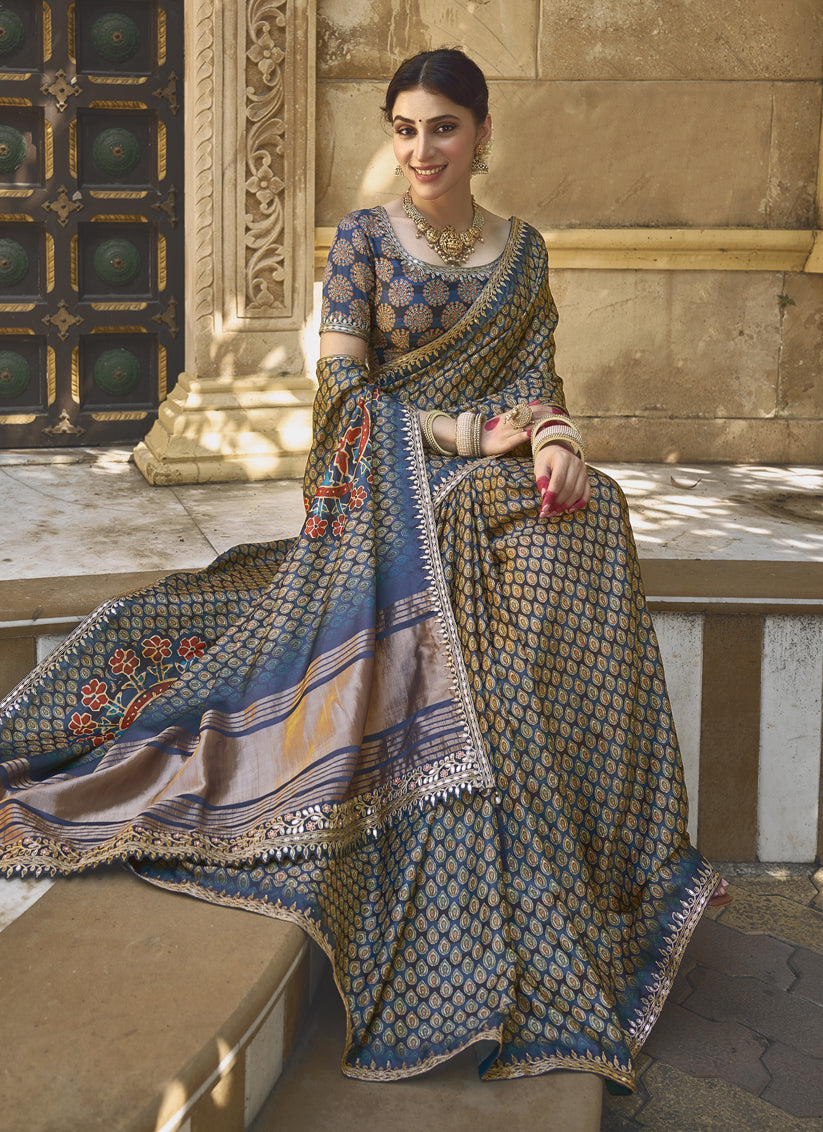 Prussian Blue Gajji Silk Designer Saree for Wedding