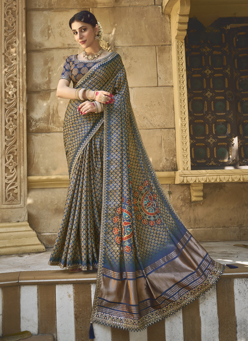 Prussian Blue Gajji Silk Designer Saree for Wedding