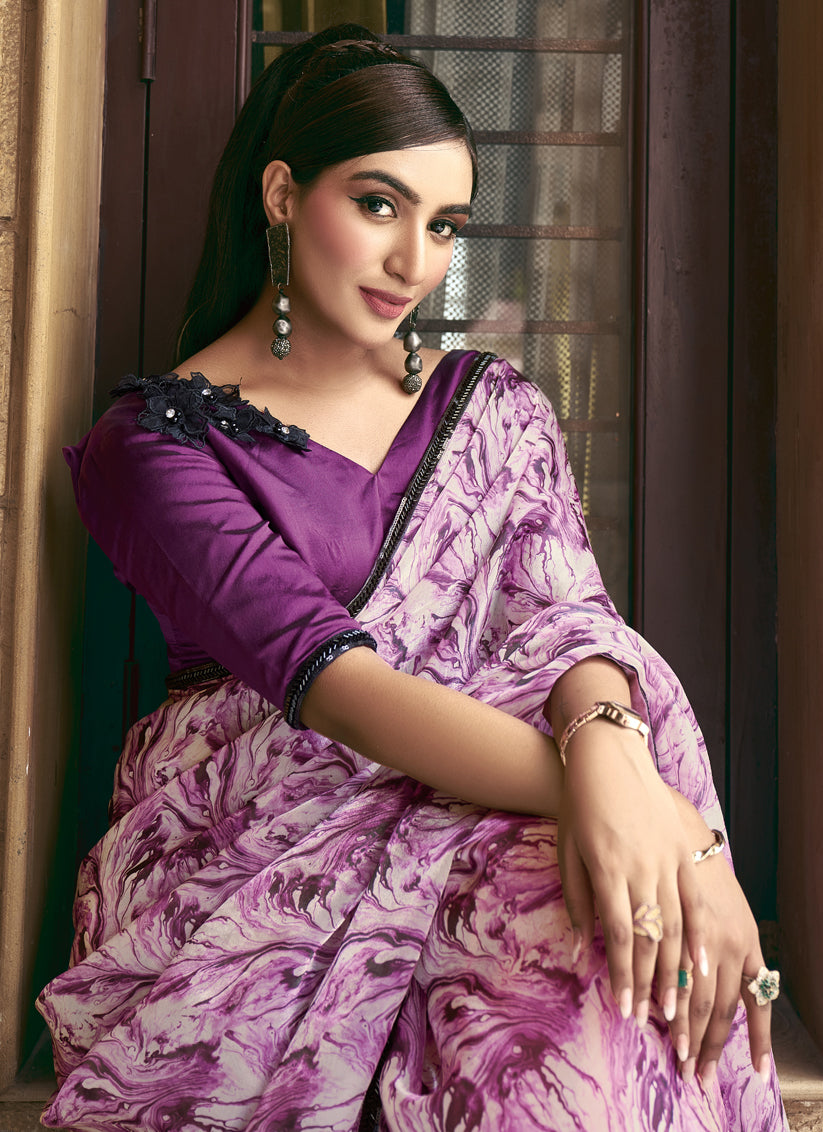 Magenta Satin Silk Designer Saree