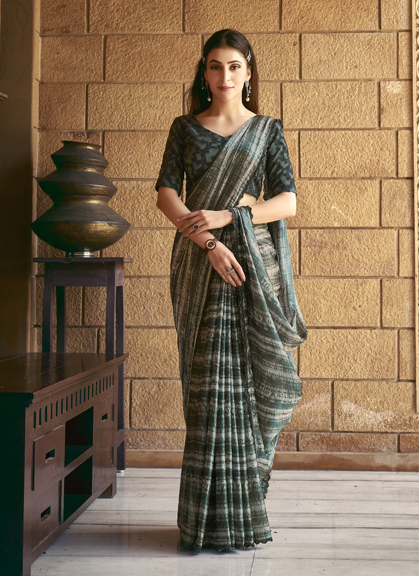 Moss Grey Satin Silk Designer Saree