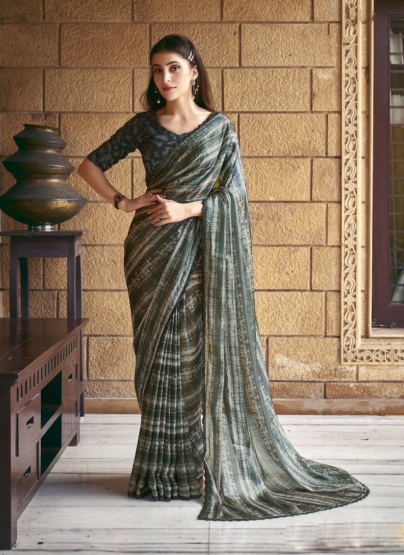 Moss Grey Satin Silk Designer Saree