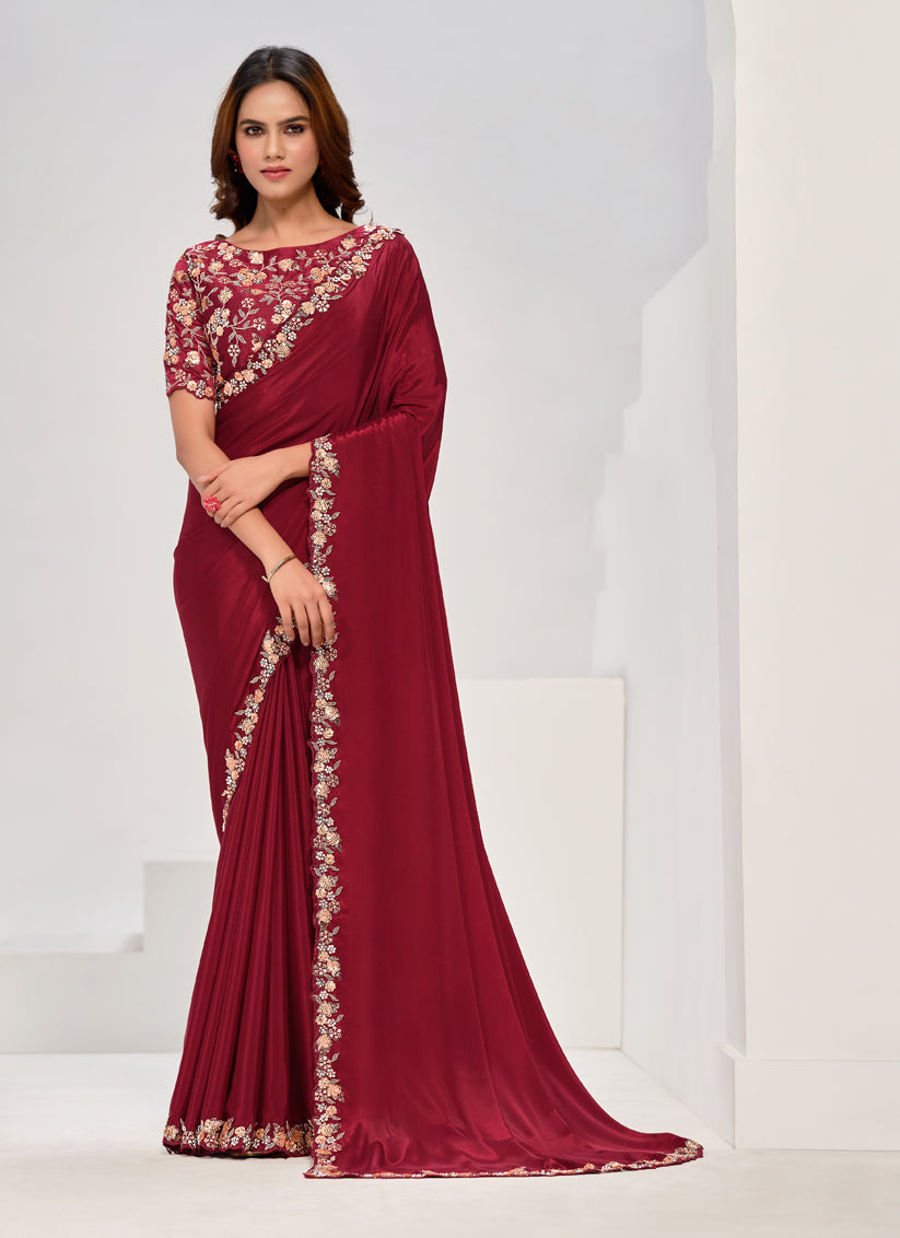 Maroon Embroidered Designer Saree