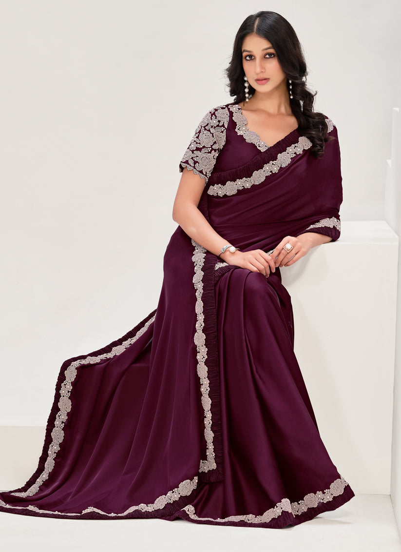 Wine Embroidered Designer Saree