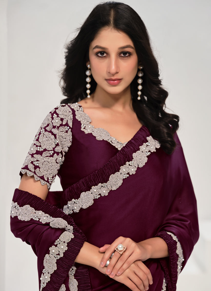 Wine Embroidered Designer Saree