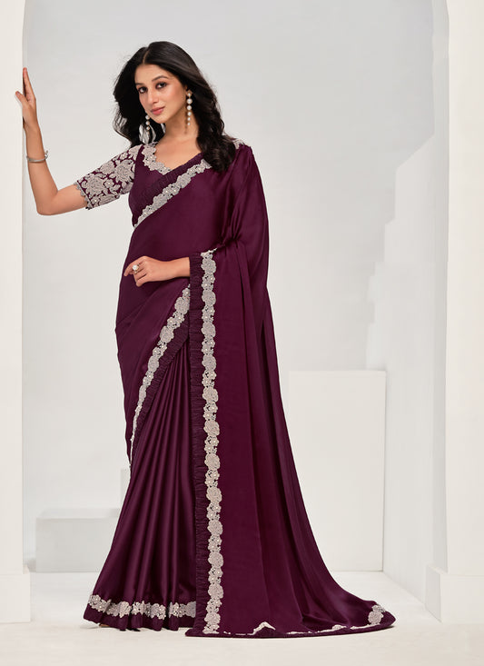 Wine Embroidered Designer Saree