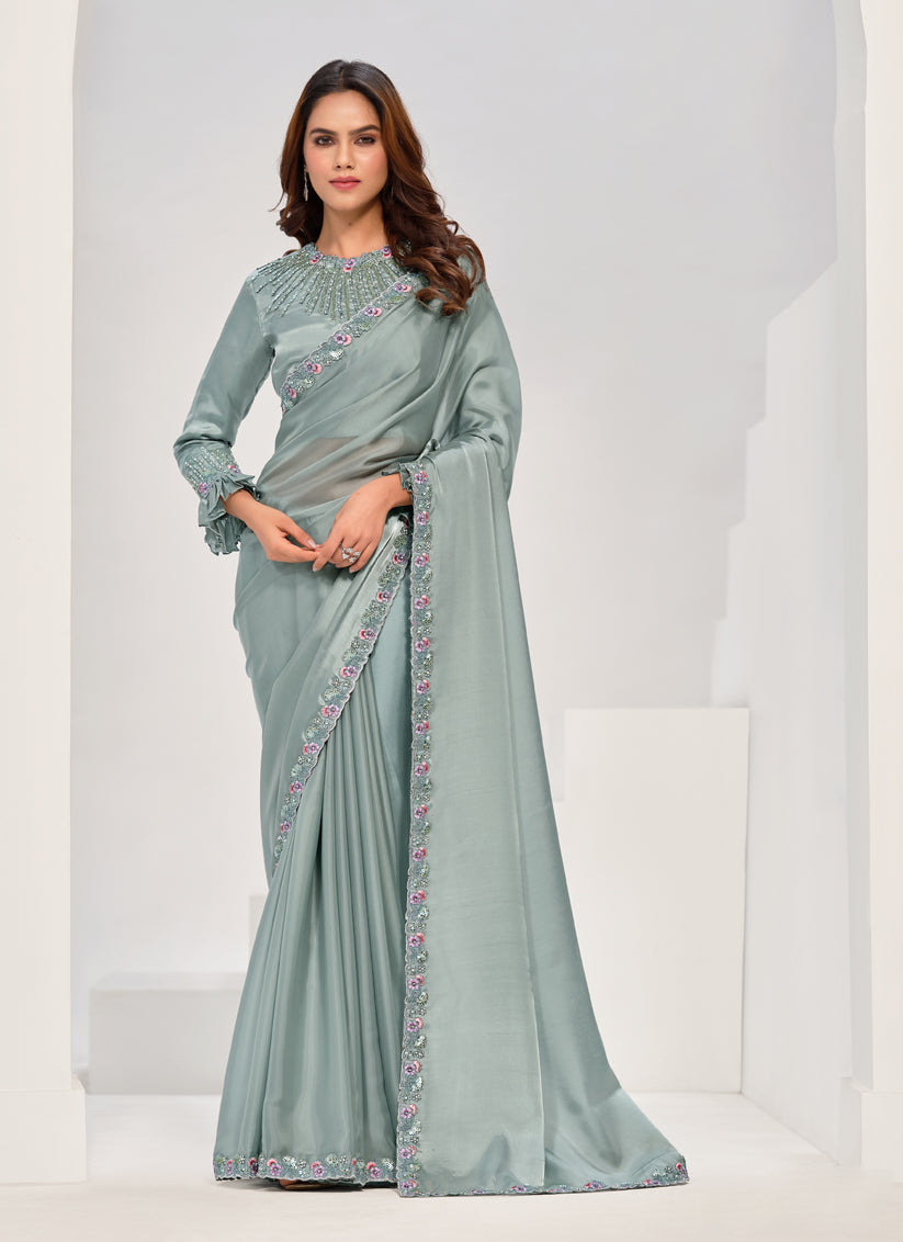Sea Green Embroidered Designer Saree