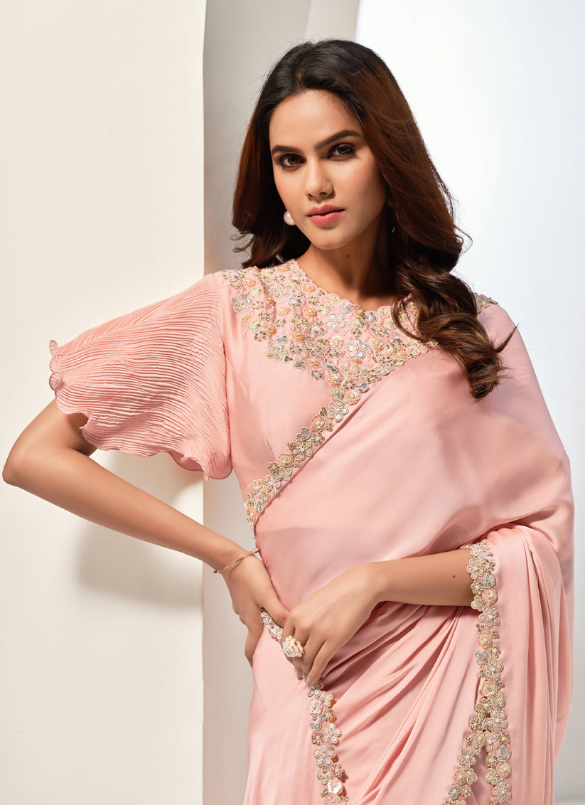 Peach Embroidered Designer Saree