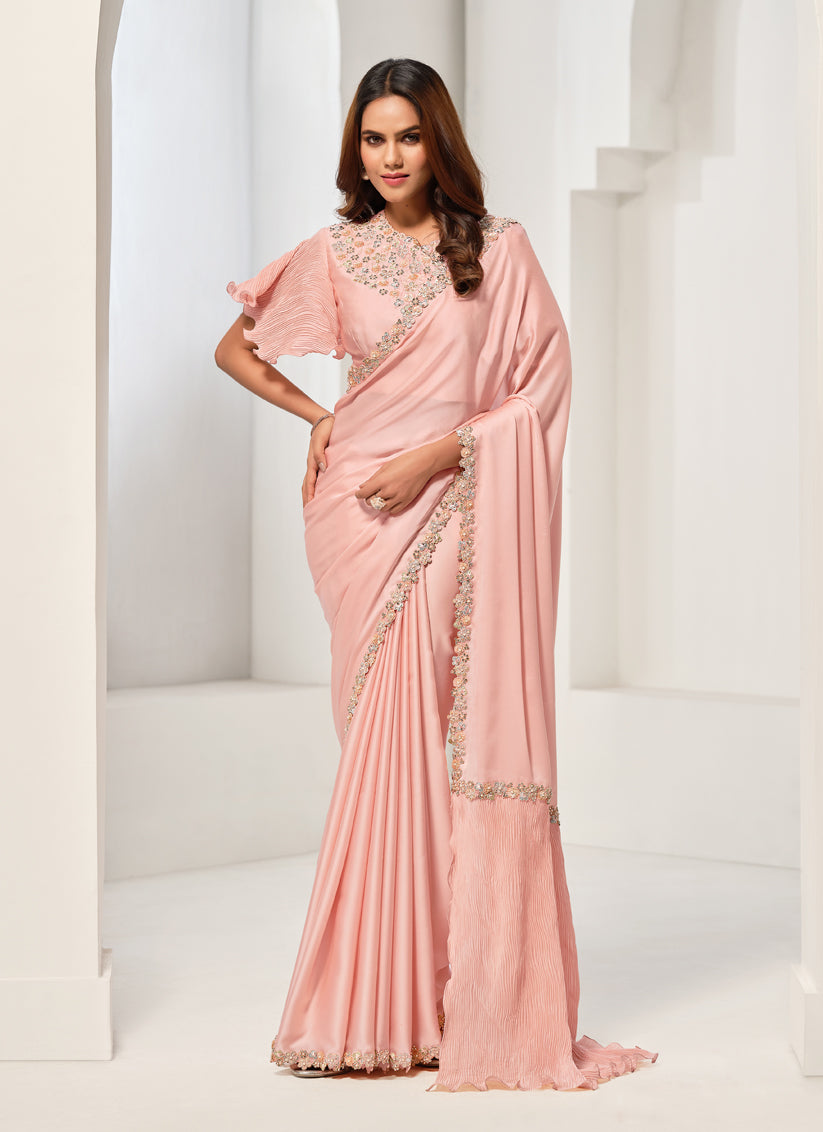 Peach Embroidered Designer Saree