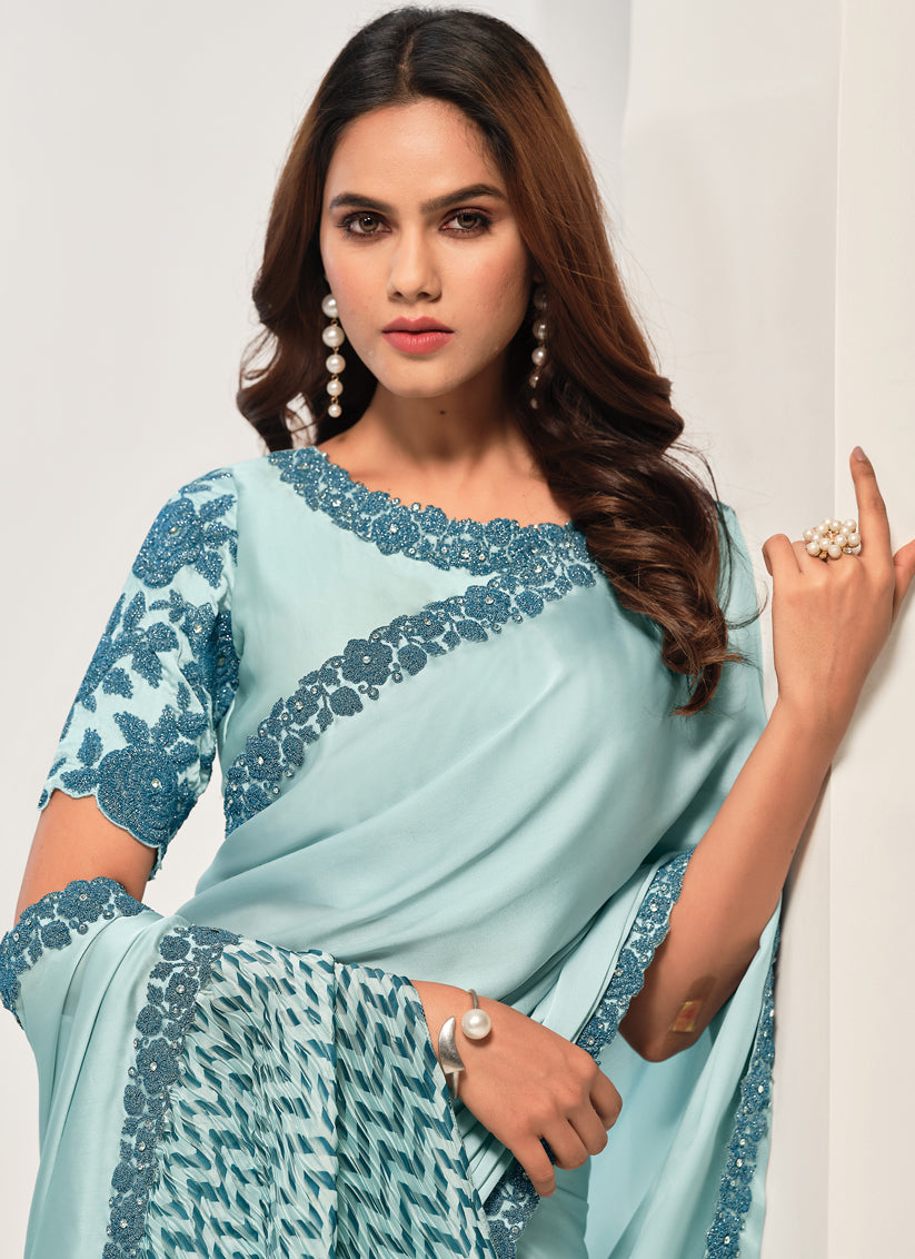 Light Blue Embroidered Designer Saree