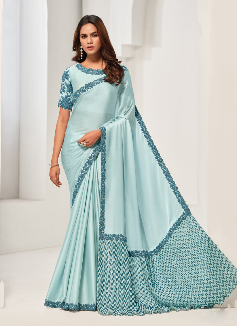 Light Blue Embroidered Designer Saree