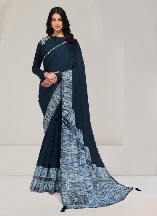Teal Blue Embroidered Designer Saree