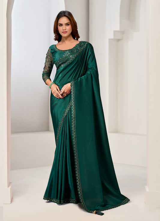 Bottle Green Embroidered Designer Saree