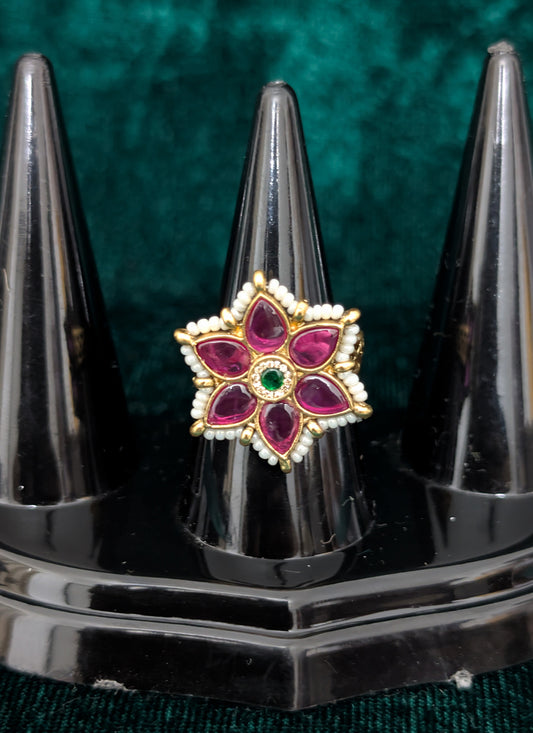 Pink & Green Kundan Studded and Pearl Ring For Women