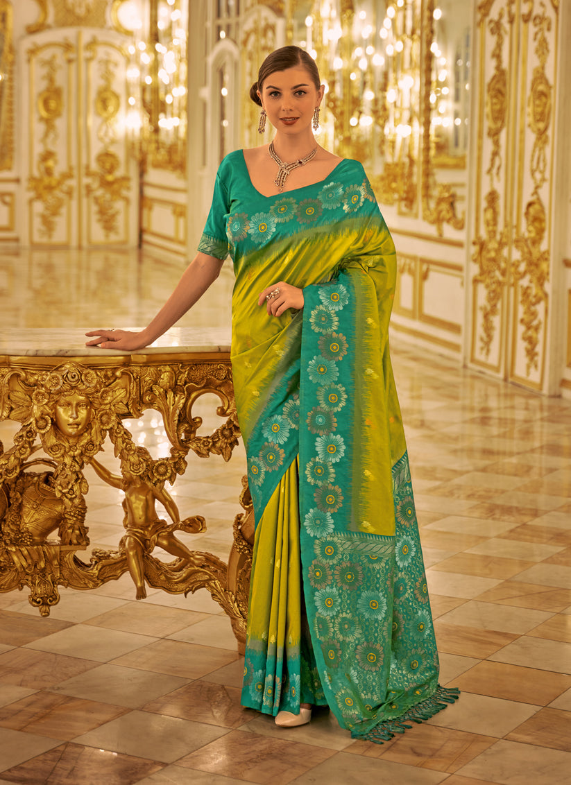 Lime Green Banarasi Silk Woven Saree