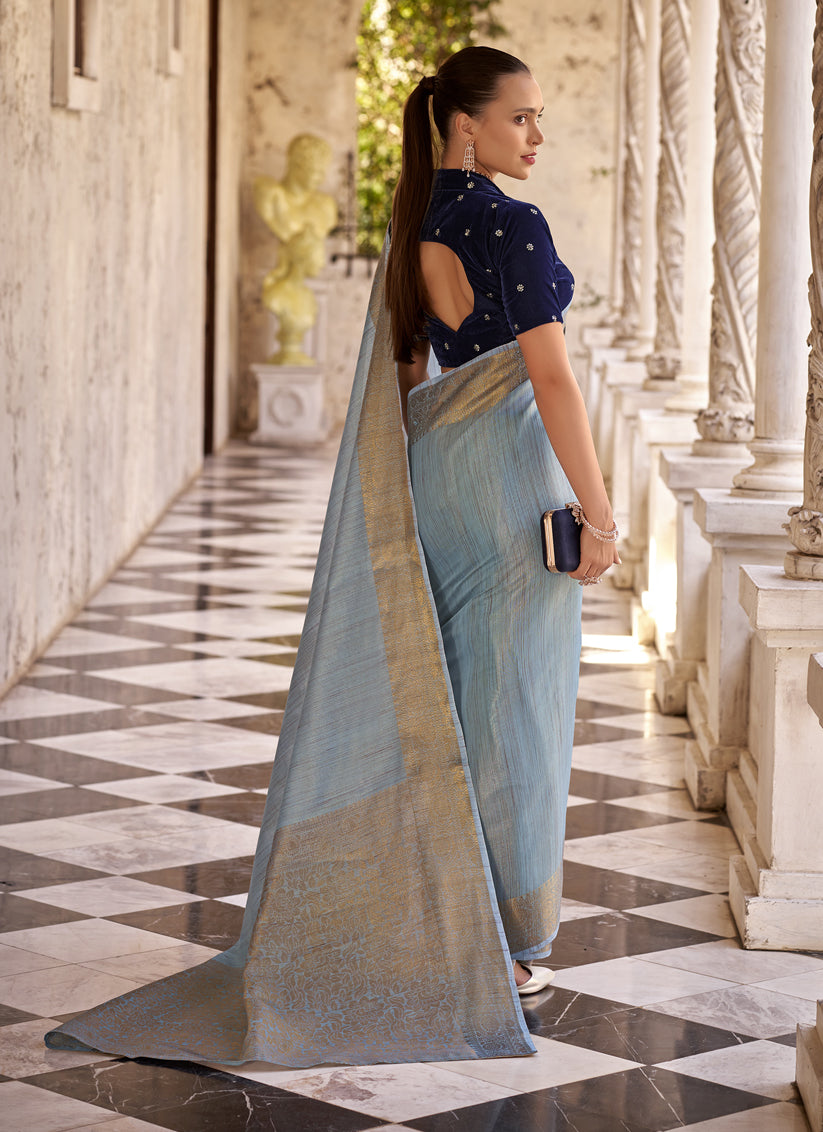 Livid Blue Linen Woven Saree For Festival