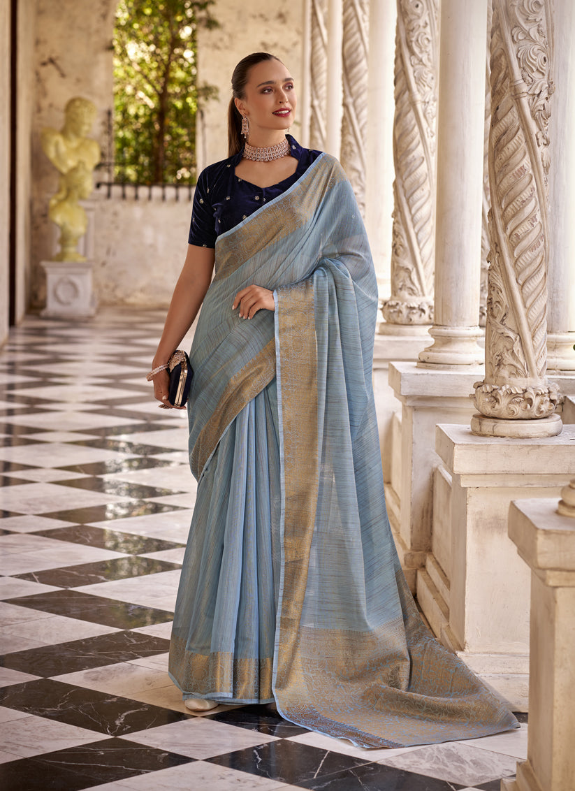 Livid Blue Linen Woven Saree For Festival