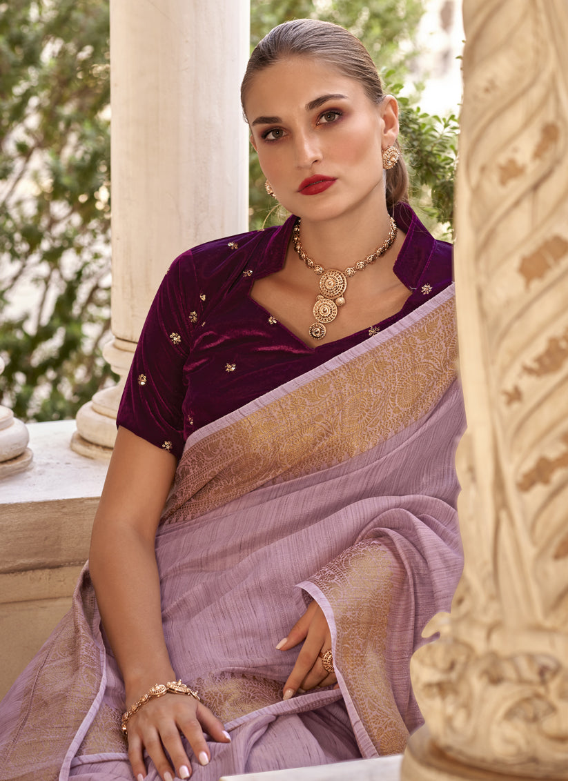 Lilac Pink Linen Woven Saree For Festival