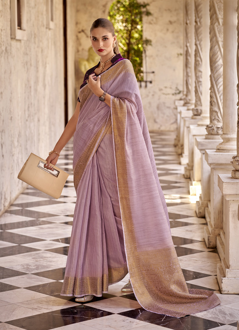 Lilac Pink Linen Woven Saree For Festival