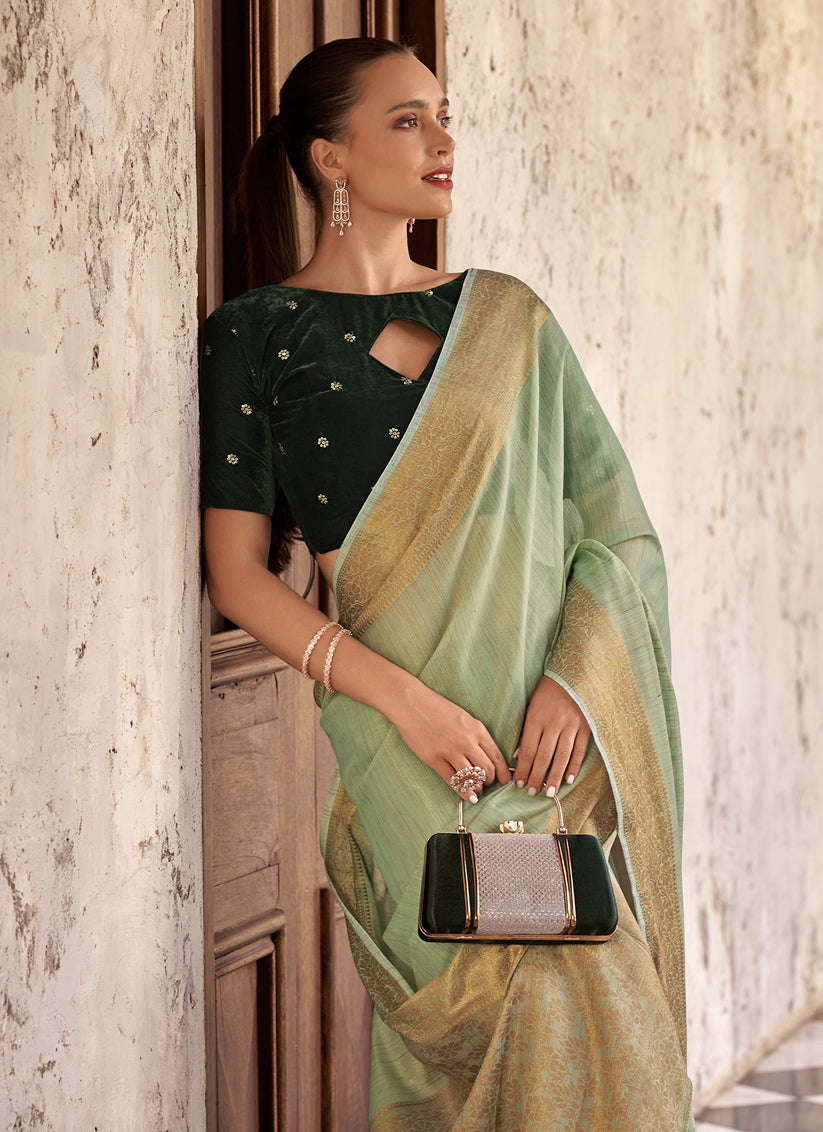 Pistachio Green Linen Woven Saree For Festival