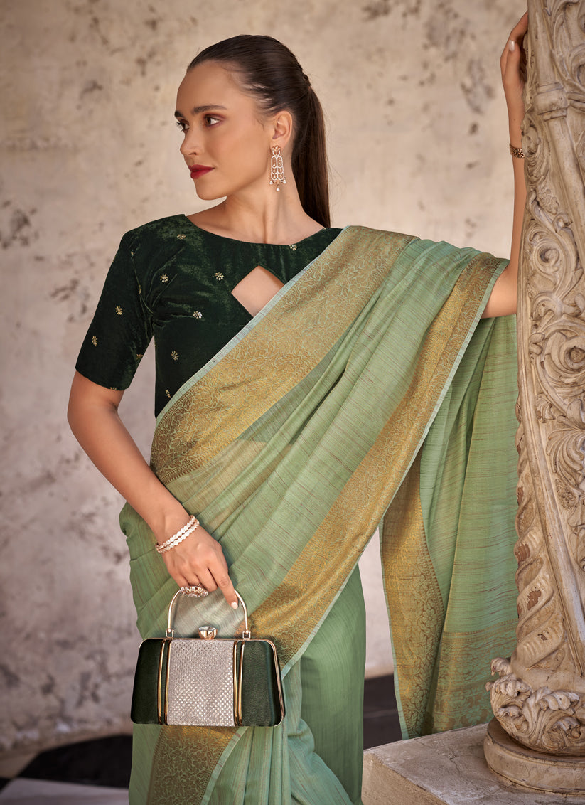 Pistachio Green Linen Woven Saree For Festival