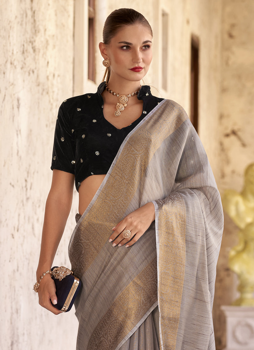 Ash Grey Linen Woven Saree For Festival