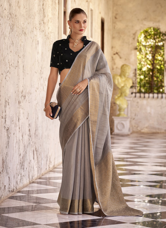 Ash Grey Linen Woven Saree For Festival