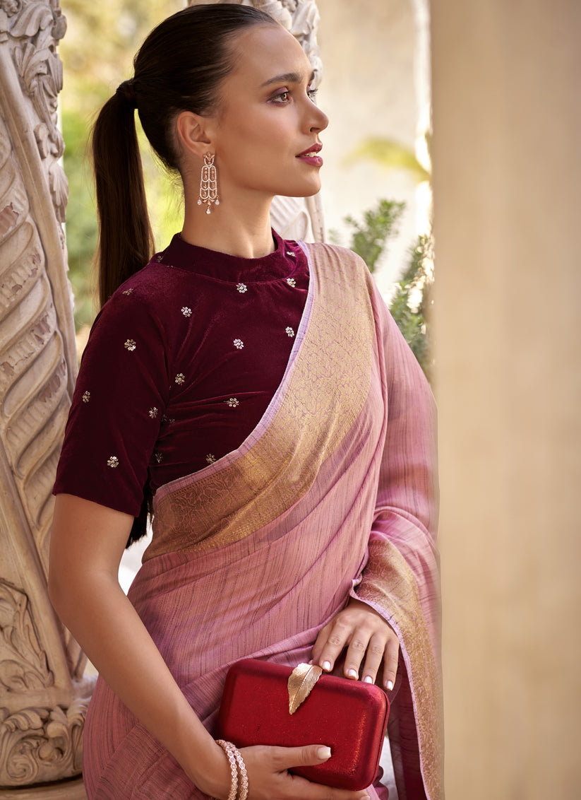 Carnation Pink Linen Woven Saree For Festival