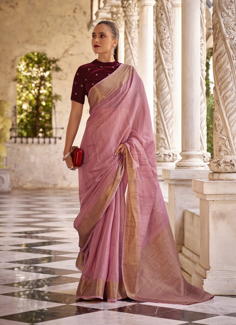 Carnation Pink Linen Woven Saree For Festival