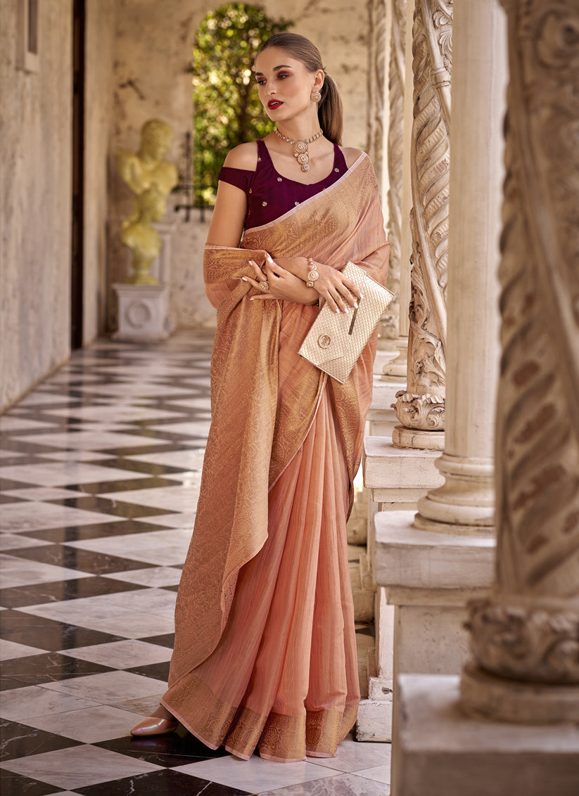 Peach Linen Woven Saree For Festival