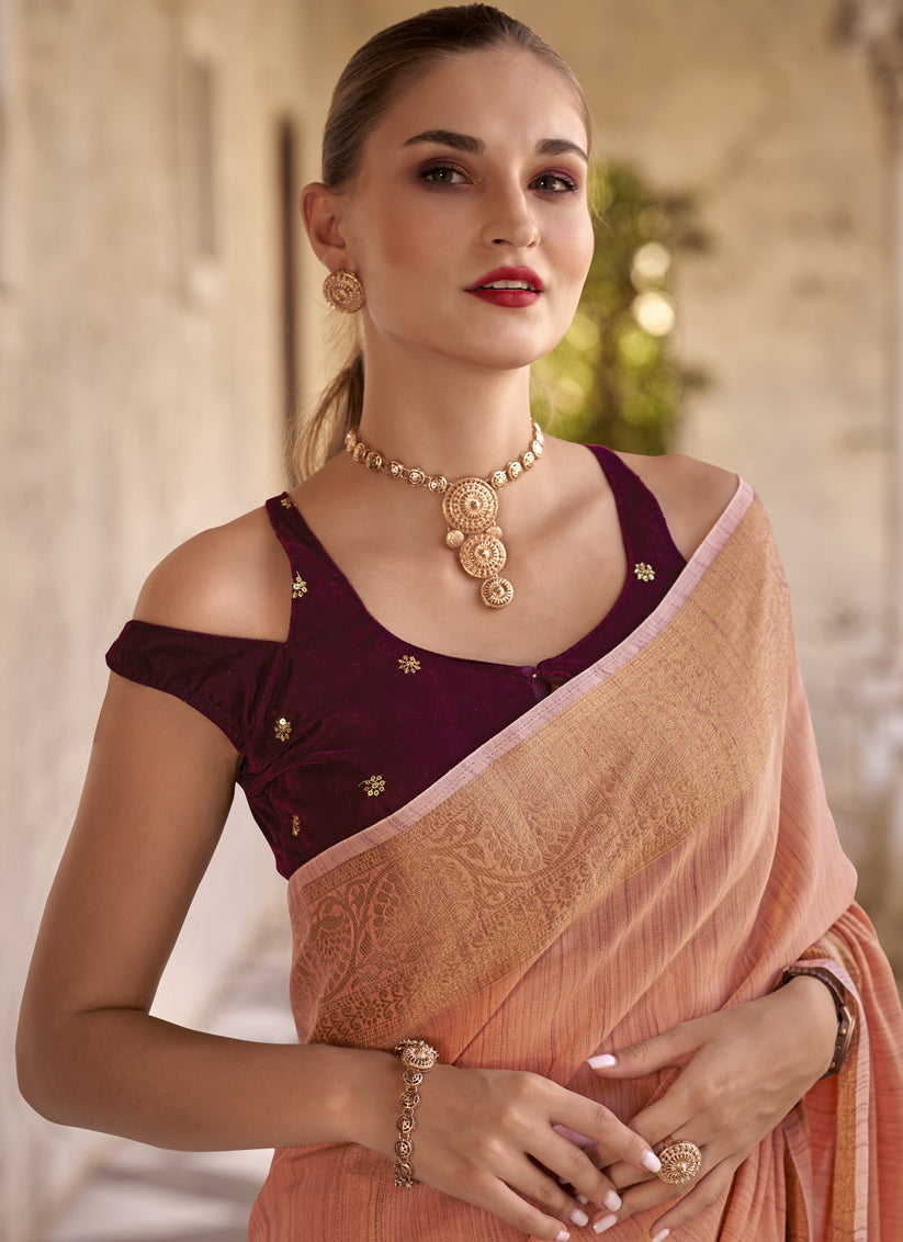 Peach Linen Woven Saree For Festival