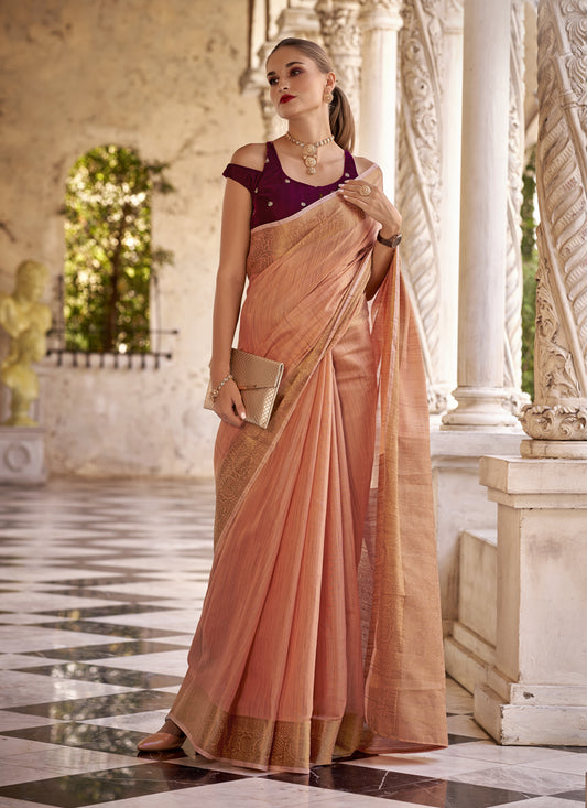 Peach Linen Woven Saree For Festival