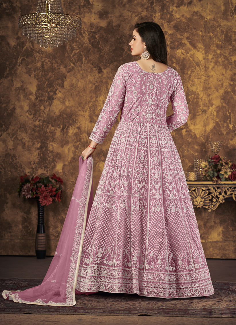 Carnation Pink Net Embroidered Anarkali Suit